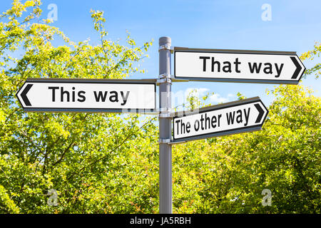 Decision making concept. This way, that way or the other way sign showing different directions and alternative choices. Stock Photo
