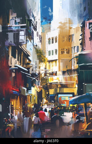 people walking in city street with digital art style, illustration painting Stock Photo