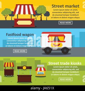 Street food banner horizontal set, flat style Stock Vector