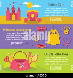 Doll princess banner horizontal set, flat style Stock Vector