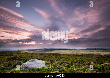 Sunset over heather on White Path Moss, Stanage Edge, Peak District, UK Stock Photo