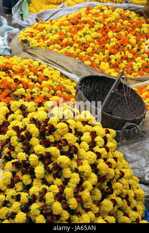 Flowers and garlands for sale at the flower market in the shadow of the Haora Bridge in Kolkata, West Bengal, India Stock Photo