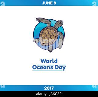 World Oceans Day, June 8. Promoting card, vector template with marine turtle Stock Vector