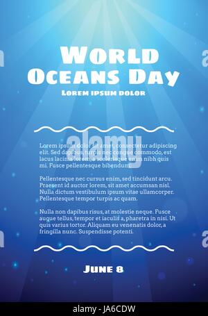 World Oceans Day, June 8. Promoting card with realistic deep water texture, vector cartoon illustration. Abstract sea waves on a blue background with  Stock Vector