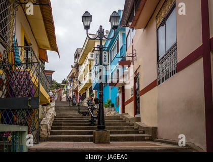 Buildings of Santa Ana Hill and its 444 stairs to the top - Guayaquil, Ecuador Stock Photo