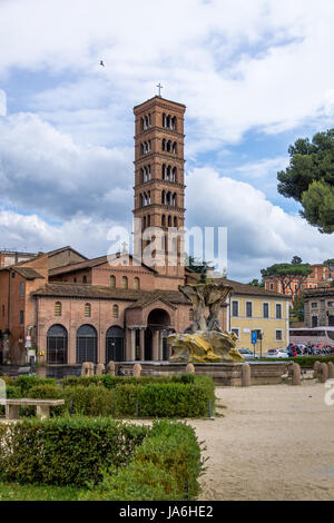 Tritons fountain and Basilica of Saint Mary in Cosmedin (Santa Maria in Cosmedin) at Piazza Bocca della Verita (Mouth of the Truth) - Rome, Italy Stock Photo