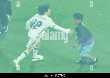 Madrid, Madrid, Spain. 4th June, 2017. Cristiano Ronaldo Jr. during Real Madrid celebration parade at Santiago Bernabeu Stadium on June 4, 2017 in Madrid. Real Madrid team celebrates with supporters their victory against Juventus in the UEFA Champions League final. Madrid beat Juventus 4-1 on 03 June in Cardiff. Credit: Jack Abuin/ZUMA Wire/Alamy Live News Stock Photo