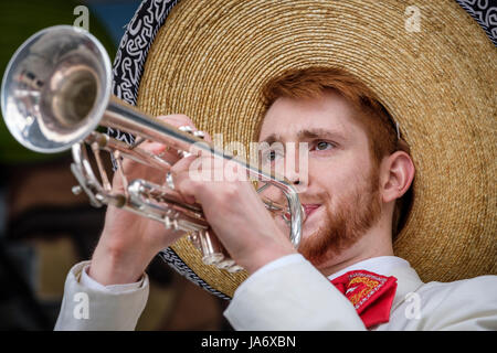 Live music. Male mariachi trumpet player wearing traditional Mexican mariachi clothing, and Mexico sombrero, playing the trumpet as a member of a mariachi band. Stock Photo