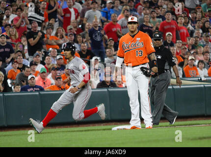 Mlb. 3rd June, 2017. Boston Red Sox right fielder Mookie Betts (50) rounds third while Baltimore Orioles third baseman Manny Machado (13) looks at first base during the Boston Red Sox vs Baltimore Orioles game at Orioles Park in Camden Yards in Baltimore, MD. Boston beat Baltimore 5-2. Jen Hadsell/CSM/Alamy Live News Stock Photo