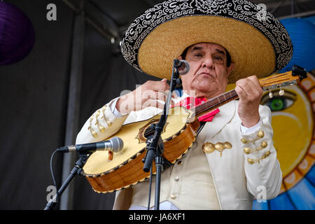 Live music. Mexican singer, mariachi musician, playing a Mexican vihuela guitar, and singing at a festival celebrating the sounds, culture, and music of Mexico, male singer, performer, traditional Mexican music, mariachi performer. Stock Photo