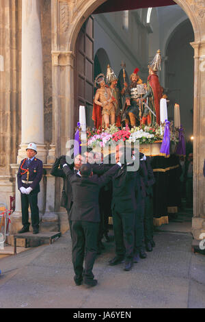 Sicily, old town Trapani, Good Friday Mystery Procession La Processione dei Misteri, beginning of the procession with the Mysteries from the Church, Chiesa del Purgatorio Stock Photo