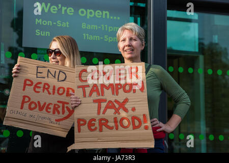 London, UK. 24th August, 2017. Campaigners outside an Asda supermarket in Stepney Green call on the supermarket to reduce its prices for tampons to bring it into line with other supermarkets which have reduced prices to offset the 'tampon tax'. Credit: Mark Kerrison/Alamy Live News Stock Photo