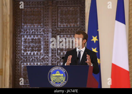 Bucharest, Romania. 24th Aug, 2017. French President Emmanuel Macron speaks during the press conference with his Romanian counterpart at Cotroceni Palace. Macron starts in Romania the three-day tour of central and Eastern Europe. Stock Photo
