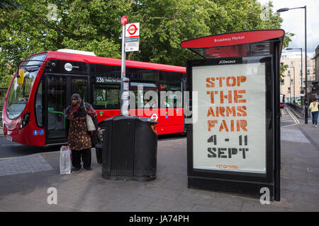 London, UK. 24th August, 2017. Subverts have appeared at locations around London calling for protests to 'stop' the DSEI arms fair to be held at the Excel Centre between 4th-11th September. Credit: Mark Kerrison/Alamy Live News Stock Photo