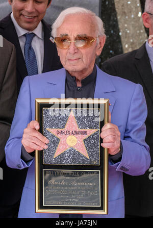 Los Angeles, USA. 24th Aug, 2017. Singer and songwriter Charles Aznavour attends a star honoring ceremony on the Hollywood Walk of Fame in Los Angeles, the United States, Aug. 24, 2017. Charles Aznavour was honored with a star on the Hollywood Walk of Fame on Thursday. Credit: Zhao Hanrong/Xinhua/Alamy Live News Stock Photo