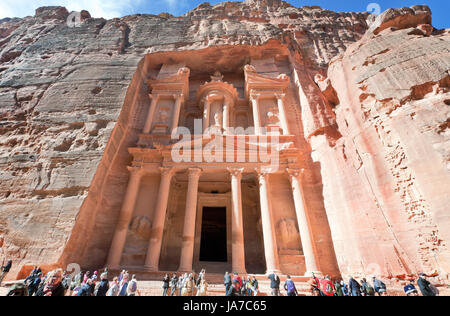 PETRA - JORDAN, FEBRUARY,21: SYmbol of Petra - Treasury Monument and plaza in antique city on February 21, 2012 in Petra, Jordan. Petra has been a UNESCO World Heritage Site since 1985 Stock Photo
