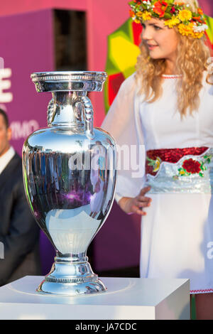 KIEV, UKRAINE - JULY 1: Henri Delaunay Trophy of UEFA European Football Championship Kiev, Ukraine on July 1, 2012. In in 2012, this prize was won by Spain, who beat Italy 4:0 at the final in Kiev Stock Photo