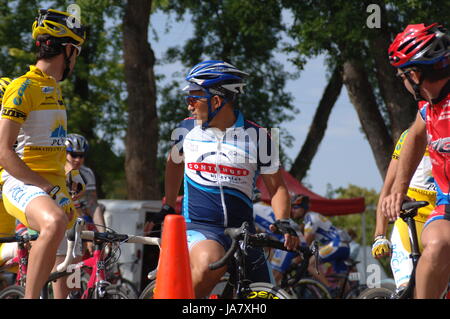 Spring City, Utah, USA - 2 August 2006: Male cyclists waiting for the bike race to begin. Bike riders at the starting line of the Sanpete Classic Road Stock Photo