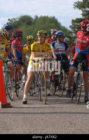 Spring City, Utah, USA - 2 August 2006: Man sits on his bike waiting for the start of the Sanpete Classic Road Race in Sanpete Country Utah. Stock Photo