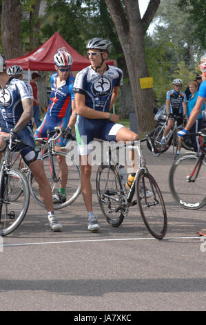 Spring City, Utah, USA - 2 August 2006: Man stands next to his bike waiting for the start of the Sanpete Classic Road Race in Sanpete Country Utah. Stock Photo
