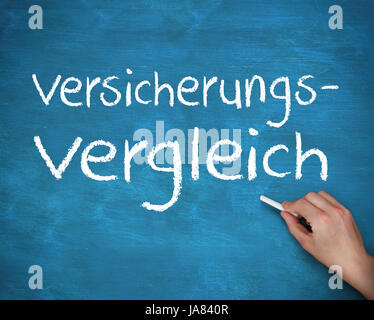 Hand writing german words versicherungs and vergleich on a blue board Stock Photo