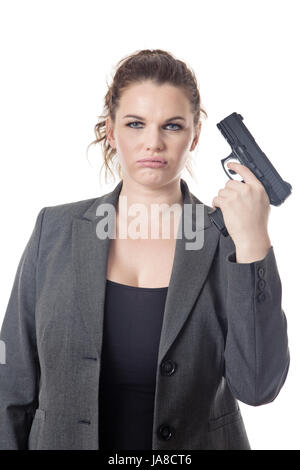 business woman holding a gun to her head Stock Photo