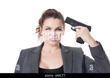 business woman holding a gun to her head Stock Photo