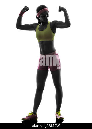 one caucasian woman exercising fitness flexing muscles   in silhouette on white background Stock Photo