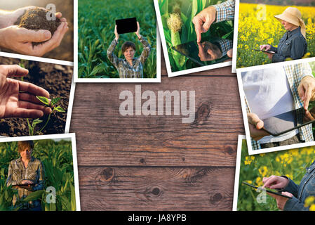 Using modern technology in agriculture, photo collage on wooden background as copy space Stock Photo