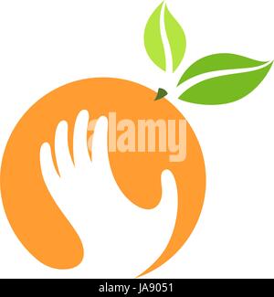 Orange and hand vector logo, label, emblem design. Stock Vector
