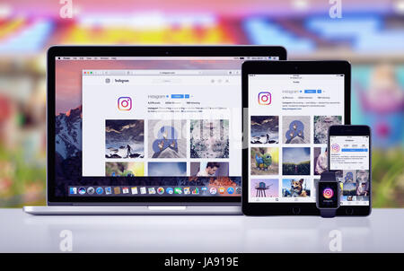 Instagram on the Apple iPhone 7 iPad Pro Apple Watch and Macbook Pro Stock Photo