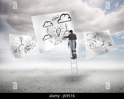 Businessman on a ladder drawing a process with blue sky on the background Stock Photo