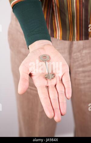 hand, metal, open, palm, key, uncap, owner, security, safety, lock, woman, Stock Photo