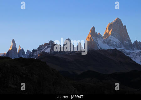 Fitz Roy and Cerro Torre mountainline at sunset, Patagonia, Argentina Stock Photo