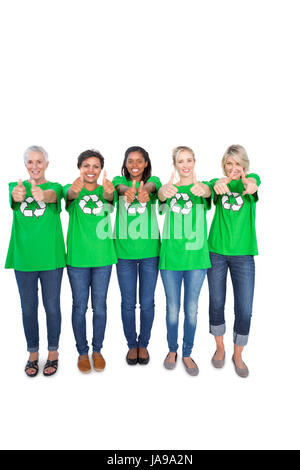 Team of happy female environmental activists giving thumbs up on white background Stock Photo