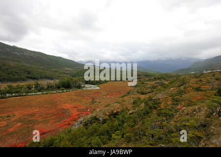 Autumn colored landscape along the road to Puerto Williams, Tierra Del Fuego, Chile Stock Photo