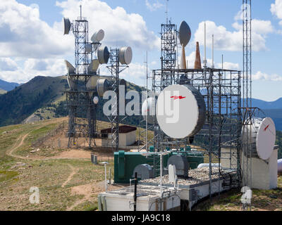 Telecommunication antennas on top of Monarch Ridge (elevation 12,000 ft/3700m) in the Colorado Rocky Mountains. Stock Photo