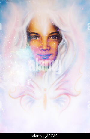 Goddess Woman in Cosmic space and butterfly. Cosmic Space background. eye contact. Stock Photo