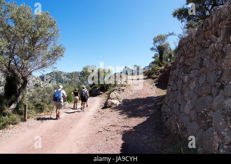 MALLORCA, SPAIN - MAY 15, 2017: People on walking path in landscape in Tramuntana mountains between Soller and Cala Tuent, on May 15, 2017 in Mallorca Stock Photo