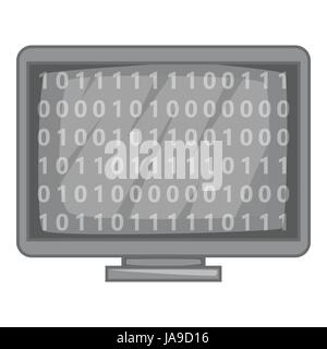 Binary code on monitor icon, gray monochrome style Stock Vector