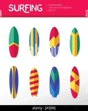 Surfing Boards - modern vector flat design icons set. Stock Vector