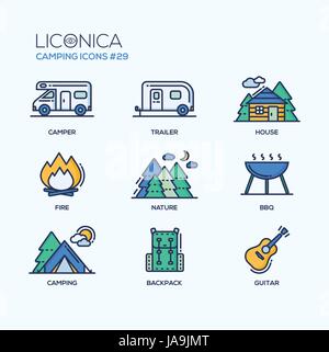 Camping Time - modern vector icons set. Stock Vector