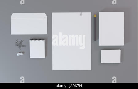 Blank white stationery and corporate identity template. Over gray background. Mock-up for branding identity. 3D rendering. Stock Photo