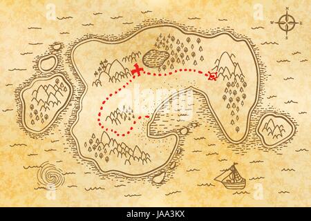 An illustration of a pirate treasure map drawn on a paper scroll Stock ...