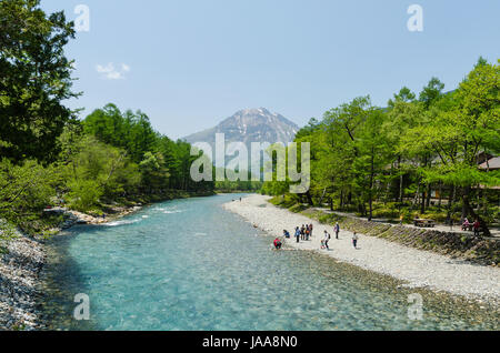 Nagano, Japan - May 21, 2016: Kamikochi is the famous national park in nagano. Many tourists  sightseeing and taking a picture Stock Photo