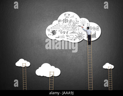 Businessman climbing ladder drawing idea on cloud Stock Photo