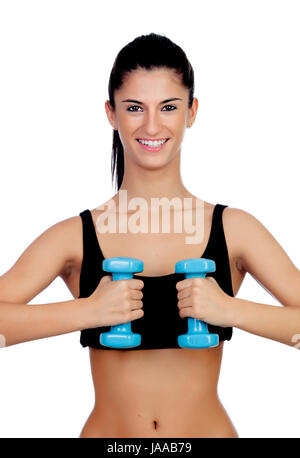 Happy brunette girl toning the muscles isolated on a white background Stock Photo