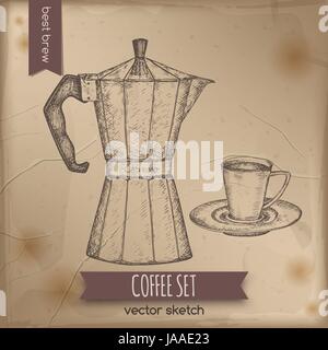 Vintage moka espresso maker and coffee cup. Stock Vector