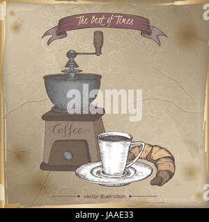 Vintage coffee mill and coffee cup sketch. Stock Vector