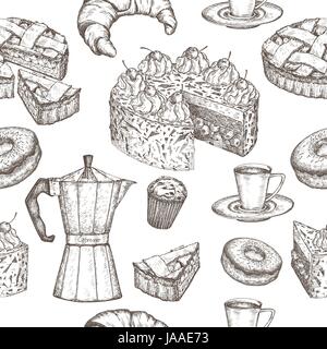 Hand drawn coffee and dessert seamless pattern Stock Vector